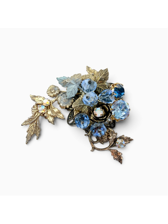 Vintage Jewelry - Vintage West Germany Blue Glass Floral Filigree Aurora Borealis Brooch